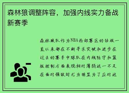 森林狼调整阵容，加强内线实力备战新赛季