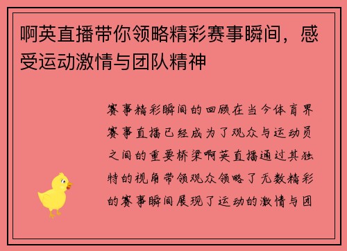 啊英直播带你领略精彩赛事瞬间，感受运动激情与团队精神