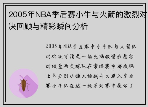 2005年NBA季后赛小牛与火箭的激烈对决回顾与精彩瞬间分析